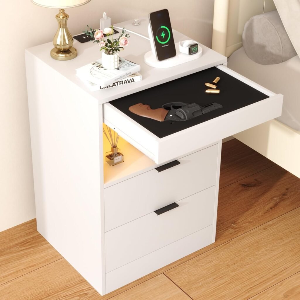 Arbovo LED Night Stand with Gun Drawer & Invisible Lock, White