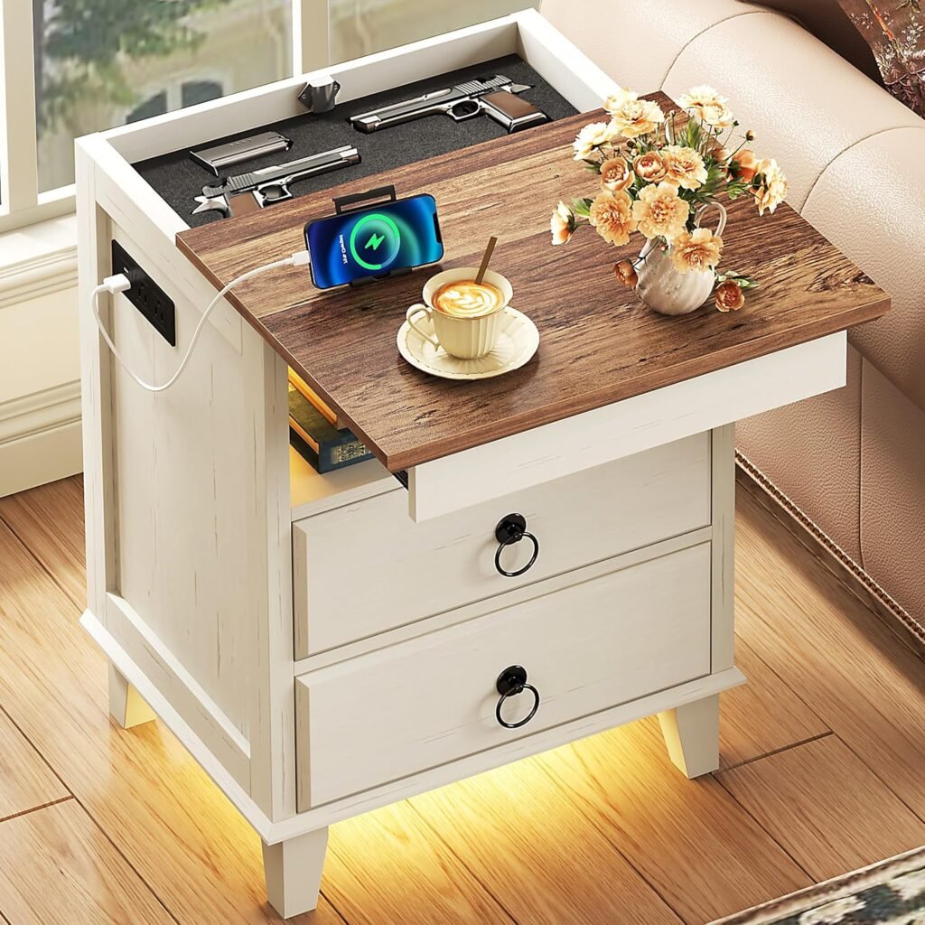 Arbovo LED Night Stand with Gun Drawer, White
