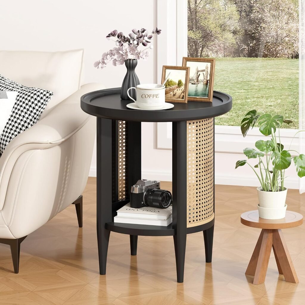 Arbovo Round End Table Rattan Style Side Table with Solid Wood Legs