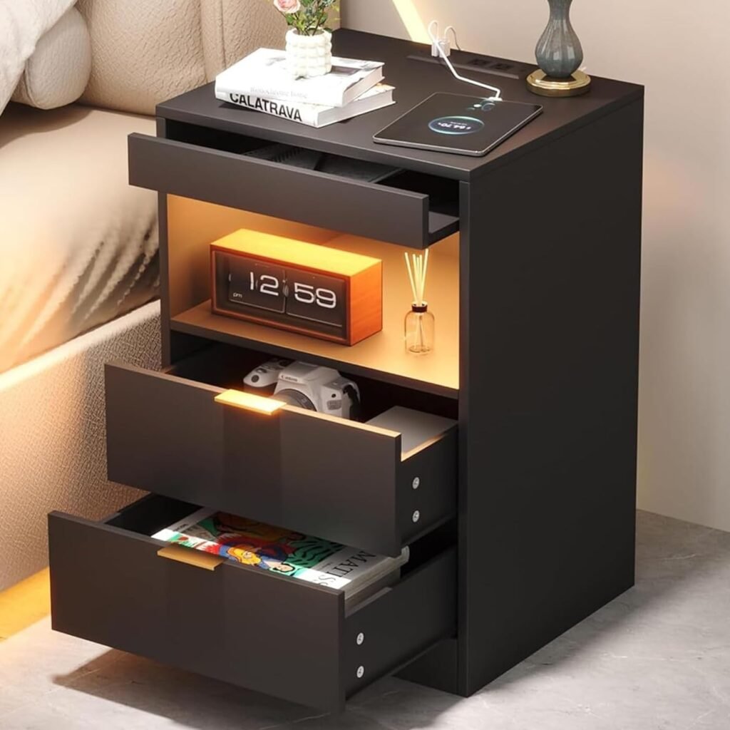 Arbovo Nightstand, LED Nightstand with Charging Station, Black