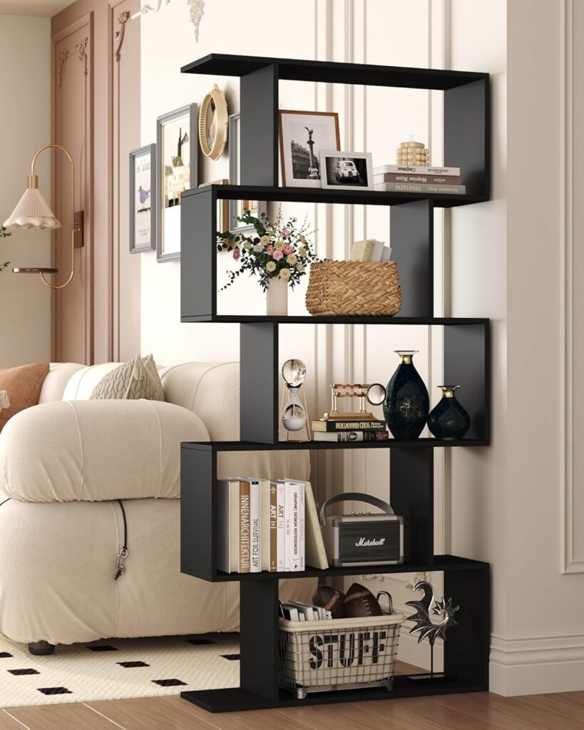 Arbovo Bookshelf 5-Tier, Geometric Bookcase S Shaped Book Shelves
